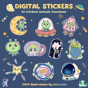 May include: A collection of digital stickers with an outer space theme. The stickers include aliens, rockets, planets, stars, and a moon. The text "DIGITAL STICKERS" and "10 stickers instant Download" are displayed at the top. The phrase "100% Hand-drawn by mintowin" is at the bottom.