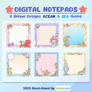 Può includere: Un set di sei blocchi note digitali a tema oceano e mare, con illustrazioni disegnate a mano di creature marine come polpi, sirene, cavallucci marini e pesci, presentati con layout a griglia e a righe e bordi colorati.
