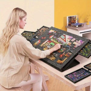 Felt Puzzle Board with Stand, 6 Sorting Drawers, Portable Jigsaw Mat, Birthday Gift, 1000 pieces