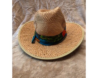Vintage stråhatt tillverkad i USA stor tropisk blommig strandhatt med bred brätte