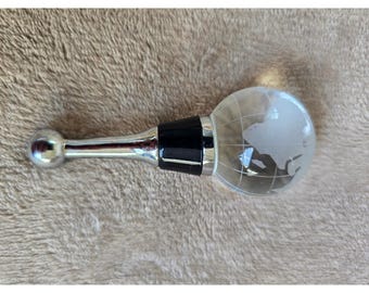 Frosted Glass Globe Wine Bottle Stopper Etched World Map Chrome Barware