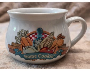 Vintage Hemlagad Keramisk Soppmugg Chili Skål Vit Grönsaksgrafik Lerkruka