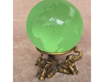 Vintage Green Glass Etched World Globe on Pewter Elephant Tripod Stand Taiwan
