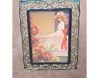 Vintage style Ornate Teal Gold Enamel Rhinestone 3.5x5 Picture Frame Filigree