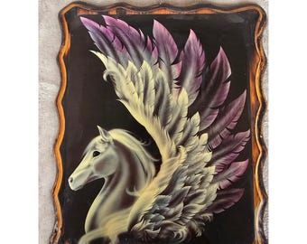 Vintage Sue Dawe Pegasus Winged Horse Wood Plaque Wall Art Fantasy 80s Glossy