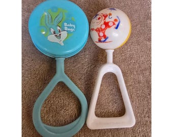 Vintage Baby Rattle Set Looney Tunes Baby Bugs & The First Years Clown Plastic