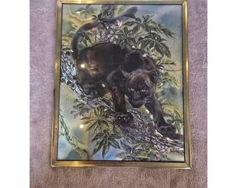 Vintage Black Panther Foil Art Jungle Wildlife Gold Frame Made in USA No 6084