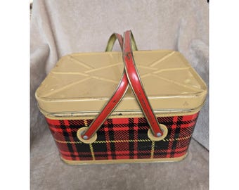 Vintage Nesco Metal Picnic Basket Red Black Plaid Tin Litho Mid Century Hamper