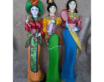 Vintage Vietnamese Silk Dolls Set of 3 Traditional Ao Dai Handmade Folk Art 16in