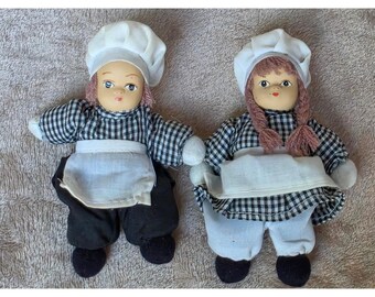 Vintage Miniature Chef Dolls Pair Boy Girl Gingham Kitchen Decor 5.5 Inch
