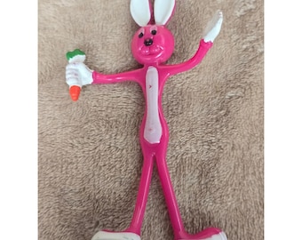 Vintage Pink Bendy Rabbit Toy Flexible Bunny Action Figure with Carrot Accessory
