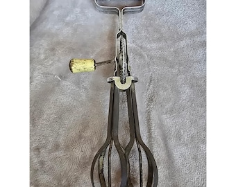 Vintage Androck Hand Crank Egg Beater Yellow Wood Handle Made in USA Retro Tool