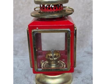 Vintage Red Metal and Brass Miniature Oil Lantern Glass Hurricane Lamp 7.5 inch