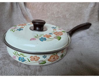 JMP, Vintage Blommig Emalj Stekpanna med Lock Retro Spräcklig Grädde Sautépanna 427