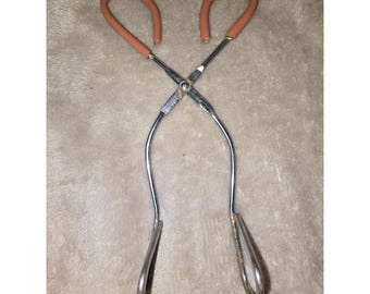 Vintage Scissor Tongs Metal Kitchen Utility Tool Orange Rubber Handles Taiwan