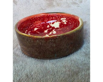 Paul W Signed Studio Pottery Bowl Red Glaze Brown Textured Ceramic Art 5 inch