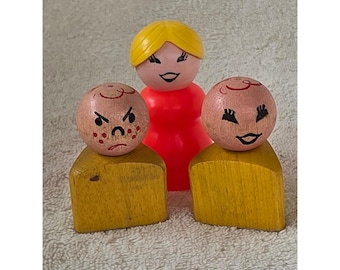 Vintage Fischer-Preis kleine Leute Mom & Grumpy Happy Kids Holz Kunststoff-Figuren