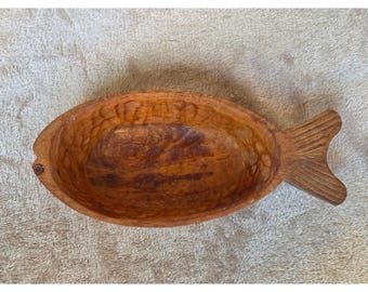 Hand Carved Wooden Fish Bowl Rustic Coastal Decor Trinket Dish Brown 8.5 Inch
