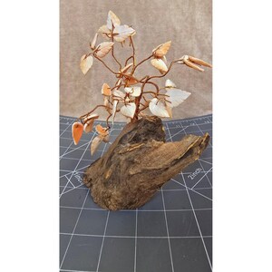 Vintage Hand Carved Shell Wire Tree Sculpture on Natural Wood Base Peach Creamy