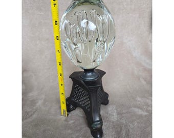 Vintage Controlled Bubble Glass Egg on Metal Tripod Stand Paperweight Decor 10"