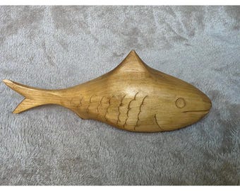 Hand Carved Wooden Fish Figurine Signed RL Nautical Coastal Decor Sculpture 7.5"