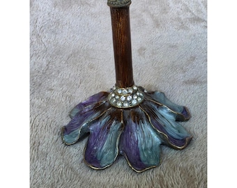 Vintage Enamel Flower Ring Holder Stand Purple Teal Rhinestone Ladybug Pearl Top