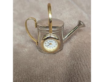 Elgin Miniature Watering Can Desk Clock Silver Gold Tone Novelty Quartz Decor