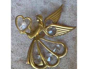 Vintage Gold Tone Angel Suncatcher with Faceted Crystals and Heart Window Decor