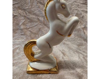 Vintage Stegande Hästfigur Keramik Guldbladsdetaljer Mid Century Modern 18 cm