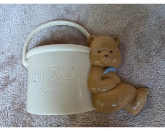 Vintage Teddy Bear and Honey Pot Wall Plaque Nursery Decor Brown Cream