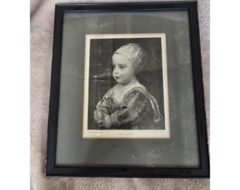 Lámina antigua de fotos de bebés Stuart Perry, estilo Van Dyck, enmarcada, arte en blanco y negro 648