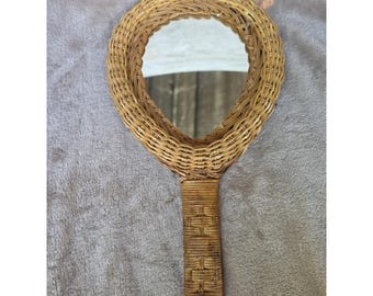 Vintage Wicker Hand Mirror Rattan Boho Woven Wood Back Made in Hong Kong