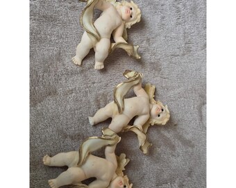 Vintage Cherub Angel Figurines Set of 3 Gold Trim Resin Wall Decor Putti Statues