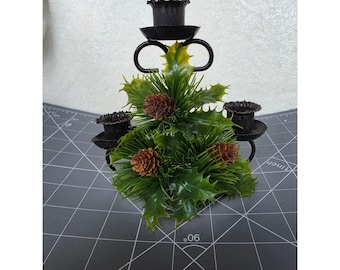 Vintage Christmas 3 Tier Metal Candelabra Holly Pine Pinecone Centerpiece Black