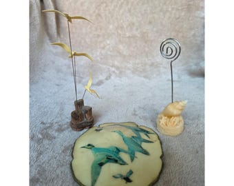 Vintage Sand Dollar Duck Art Seagull Sculpture and Shell Photo Holder Decor Set