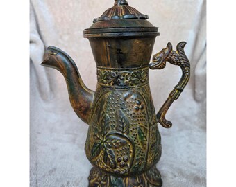 Vintage Embossed Metal Coffee Pot Bird Spout Dragon Handle Bronze Patina Decor