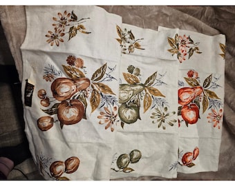 Vintage kökshanddukar i linne, set med 3, frukt och blommor, skörd, brun, grön, orange