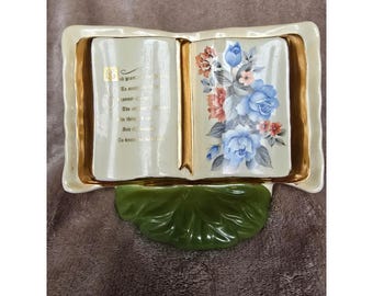 Vintage 1989 Serenity Prayer Ceramic Open Book Figurine Blue Roses Gold Gilt