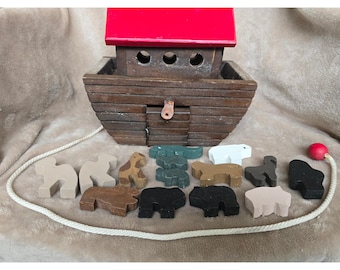 Vintage Wooden Noahs Ark Pull Toy Set Handcrafted Animals Red Roof Folk Art