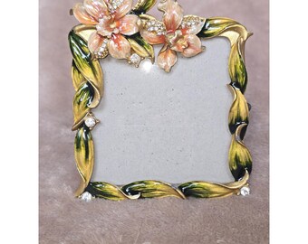 Vintage Style Floral Enamel Gold Tone Picture Frame Rhinestone Accents 3x3 Sq