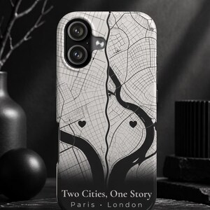 Funda para móvil «Dos ciudades, una historia», diseño personalizado de doble ubicación, regalo para viajes a larga distancia, recuerdo de ruta personalizado, iPhone 11–17, Samsung S21–S25