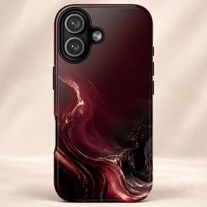 May include: A smartphone case featuring a deep burgundy and black marbled design with swirling liquid-like patterns. The case has a dual-camera cutout in the upper left corner and a smooth, glossy finish that covers the entire back surface.