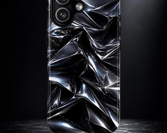 Black Chrome Phone Case Crumpled Metal Case Abstract Luxury Dark Aesthetic Cover
