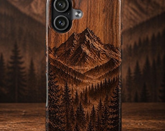 Walnut Mountain Forest Phone Case, Rustic Wilderness Landscape, Nature Inspired Wood Look Design, Protective Glossy Cover