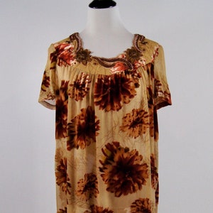 Vintage 1970s Floral Burnout Velvet Nightgown Lounge dress with Beaded neckline, Medium