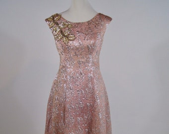 Vintage 1950s Ann&#39;s Vogue shoppe Pink & Silver Brocade Beaded Gown dress, M