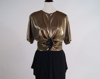 Vintage 1980s Filigree Gold and Black Draped Pencil Dress with Applique, Medium