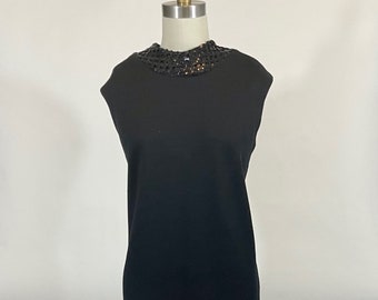Vintage 1960s Leslie Fay Knits Black Shift Dress with sequins and fringe, Medium Large