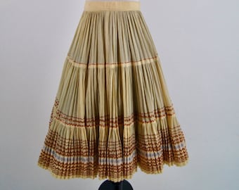 Vintage 1950s Pleated Ivory Full Skirt with Copper Ric Rac Trim, Small