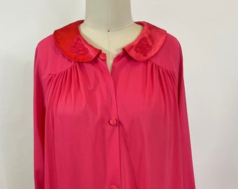 Vintage 1960s Vanity Fair Raspberry Butterfly Pink Button Up Nightgown, Small Medium
